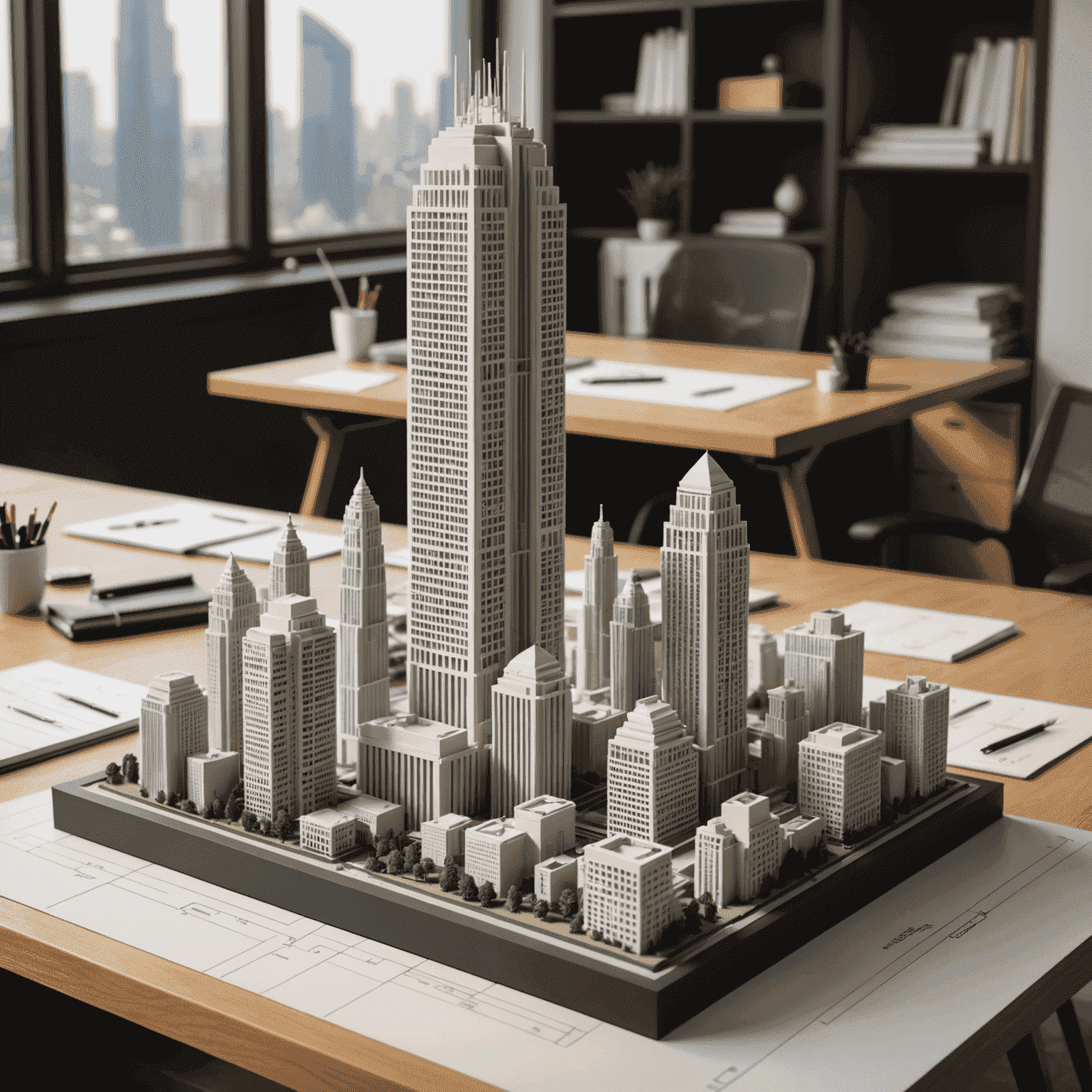 A detailed 3D printed architectural model of a modern skyscraper, showcasing intricate details and multiple layers. The model is placed on a drafting table with architectural tools surrounding it.