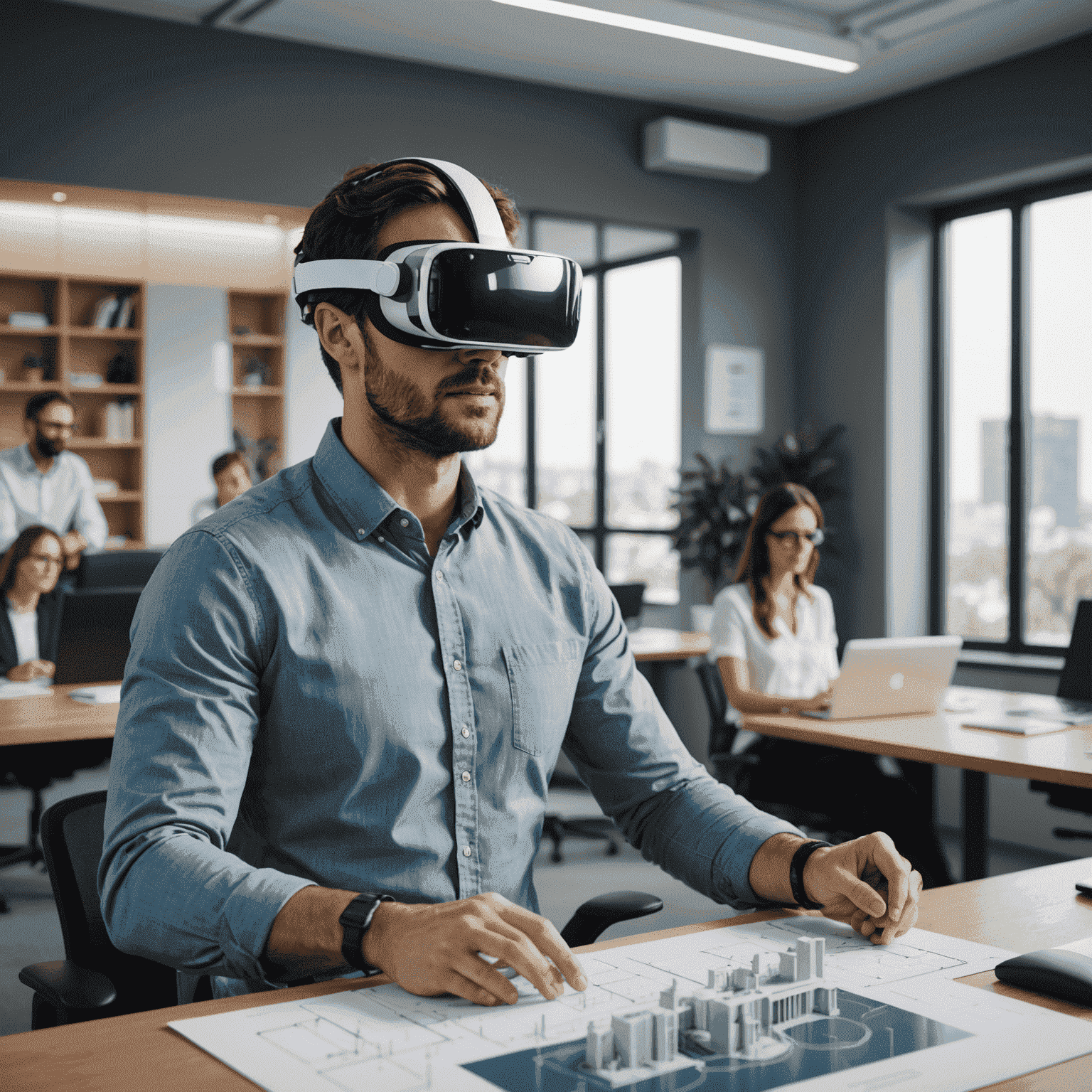 An architect wearing VR headset, presenting a 3D architectural model to clients in a modern office setting