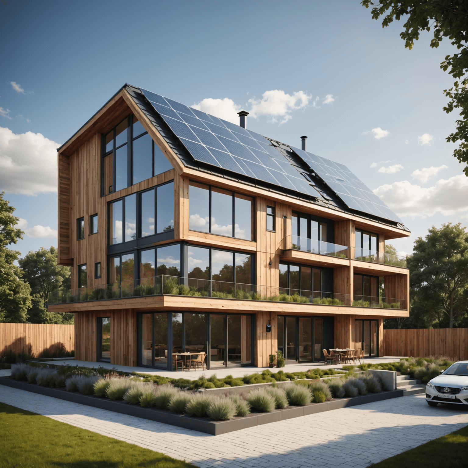 3D architectural design showcasing a modern building with visible sustainable materials such as solar panels, green roof, and recycled wood facade