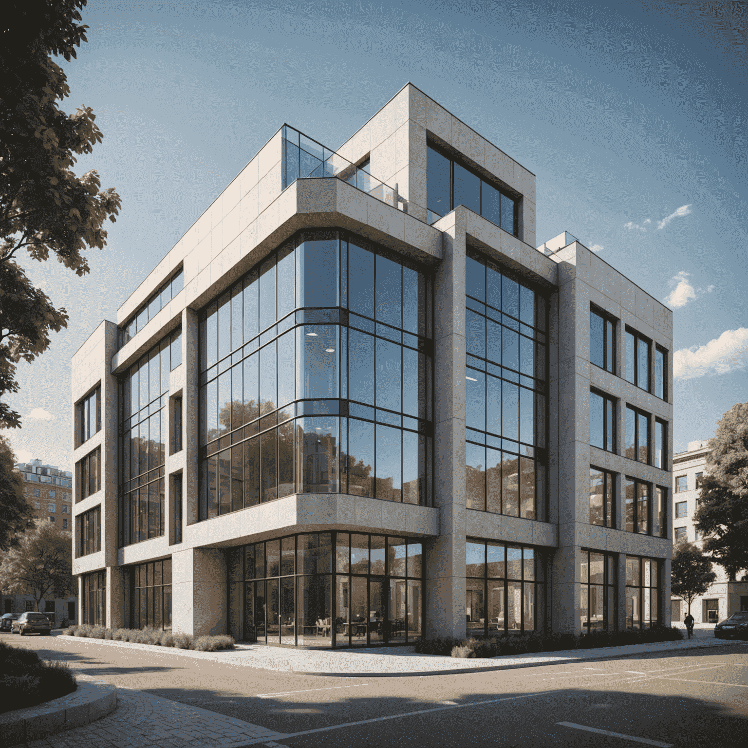 Detailed 3D model of a modern architectural building exterior with glass facades and unique geometric shapes