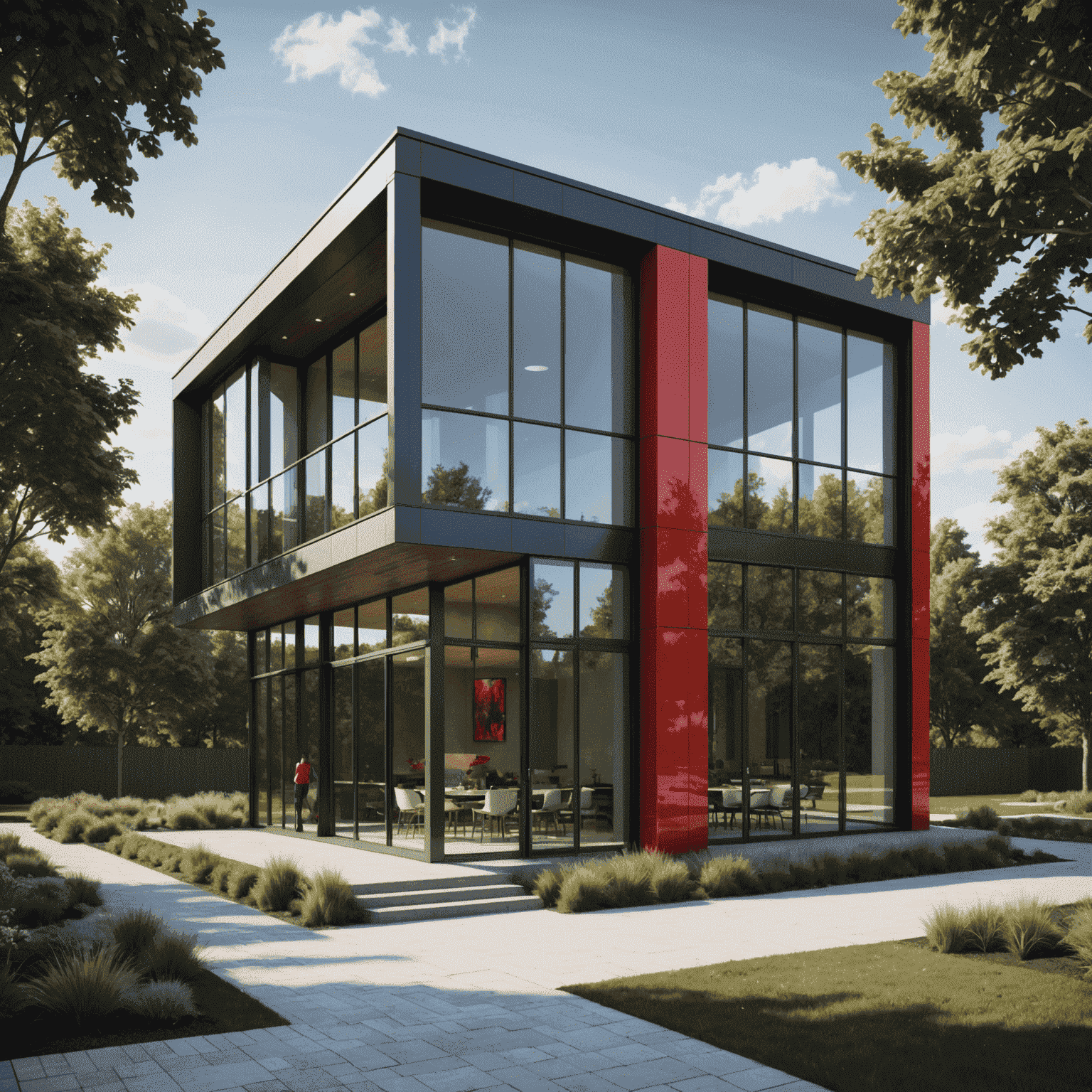 Photorealistic rendering of a modern architectural design featuring a sleek glass and steel structure with red accents, showcasing the power of 3D visualization in architecture