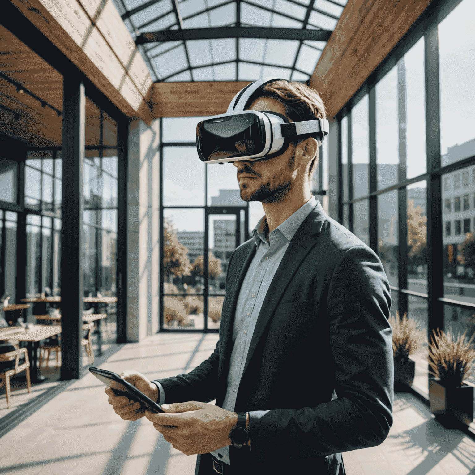 Architect wearing VR headset, exploring a 3D model of a modern building with sleek lines and glass facades. The image showcases the immersive nature of virtual reality in architectural design.