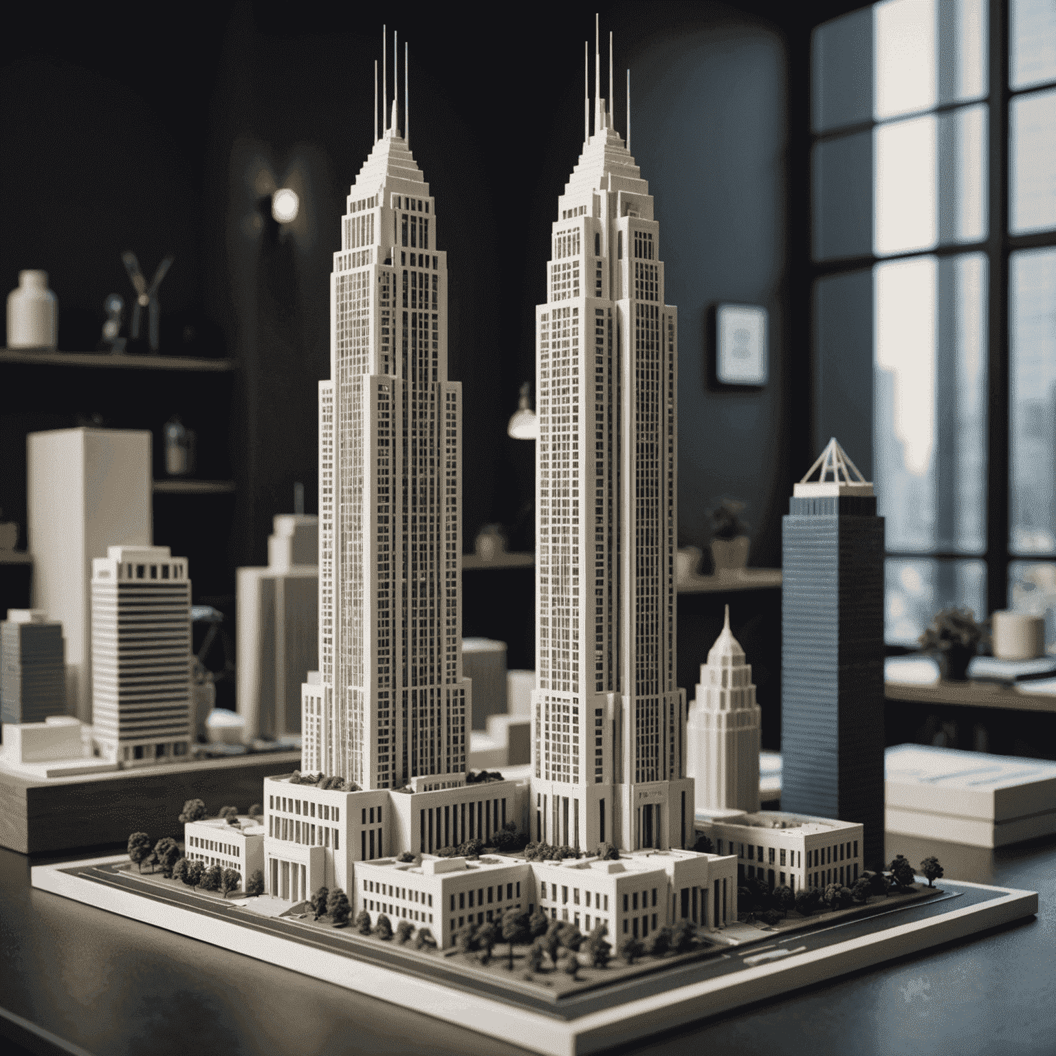 A detailed 3D printed architectural model of a modern skyscraper, showcasing intricate details and multiple levels