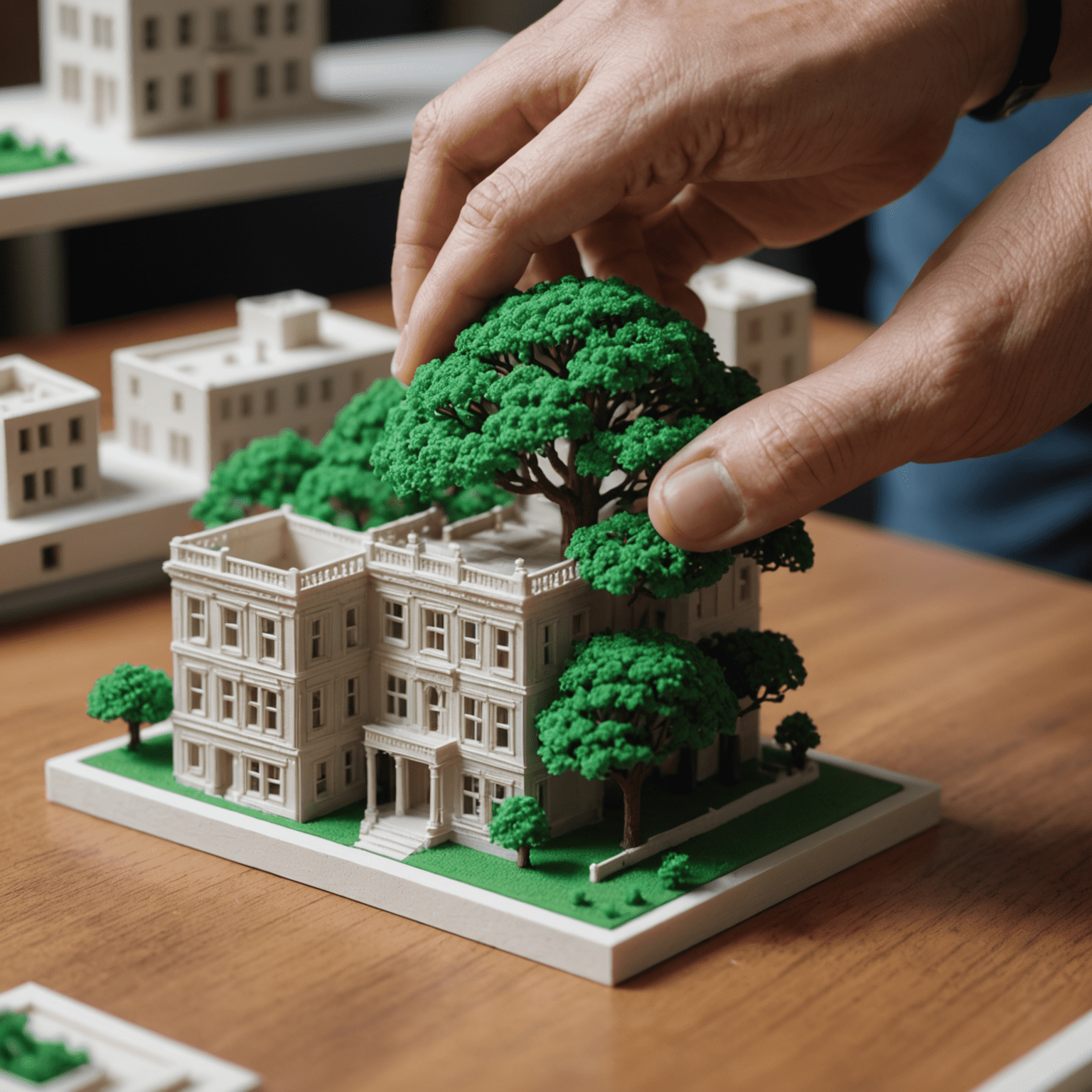 Close-up of a 3D printed architectural model showing incredibly fine details of windows, balconies, and textured surfaces. A human hand is placing a tiny 3D printed tree next to the model for scale.