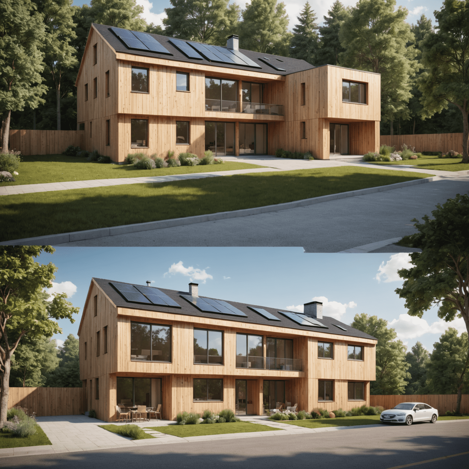 Split-screen comparison of a traditional 3D architectural model and an eco-friendly version, highlighting the use of sustainable materials and energy-efficient design elements