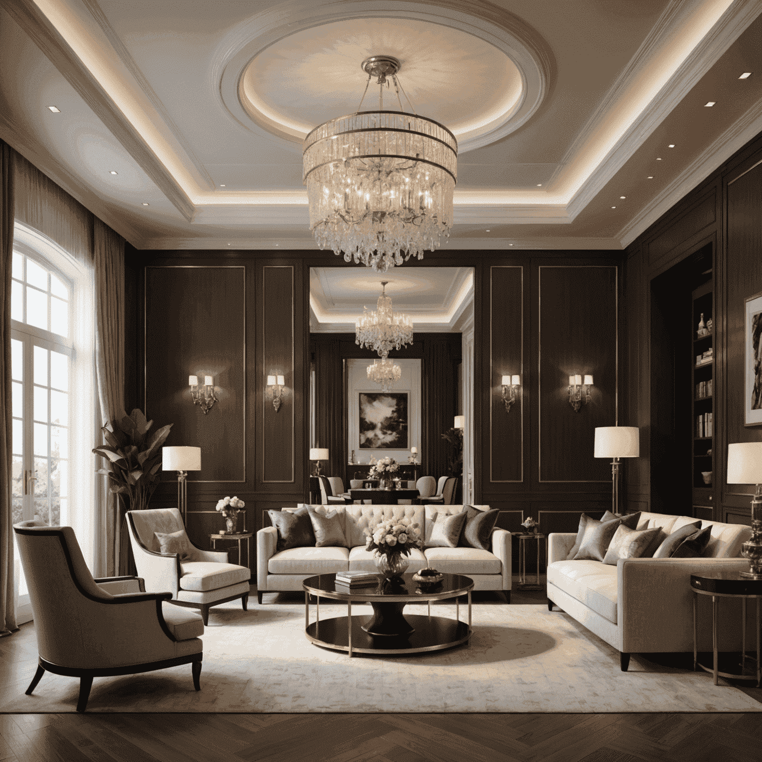 Intricate 3D model of a luxurious interior space showcasing furniture layout, lighting, and architectural details