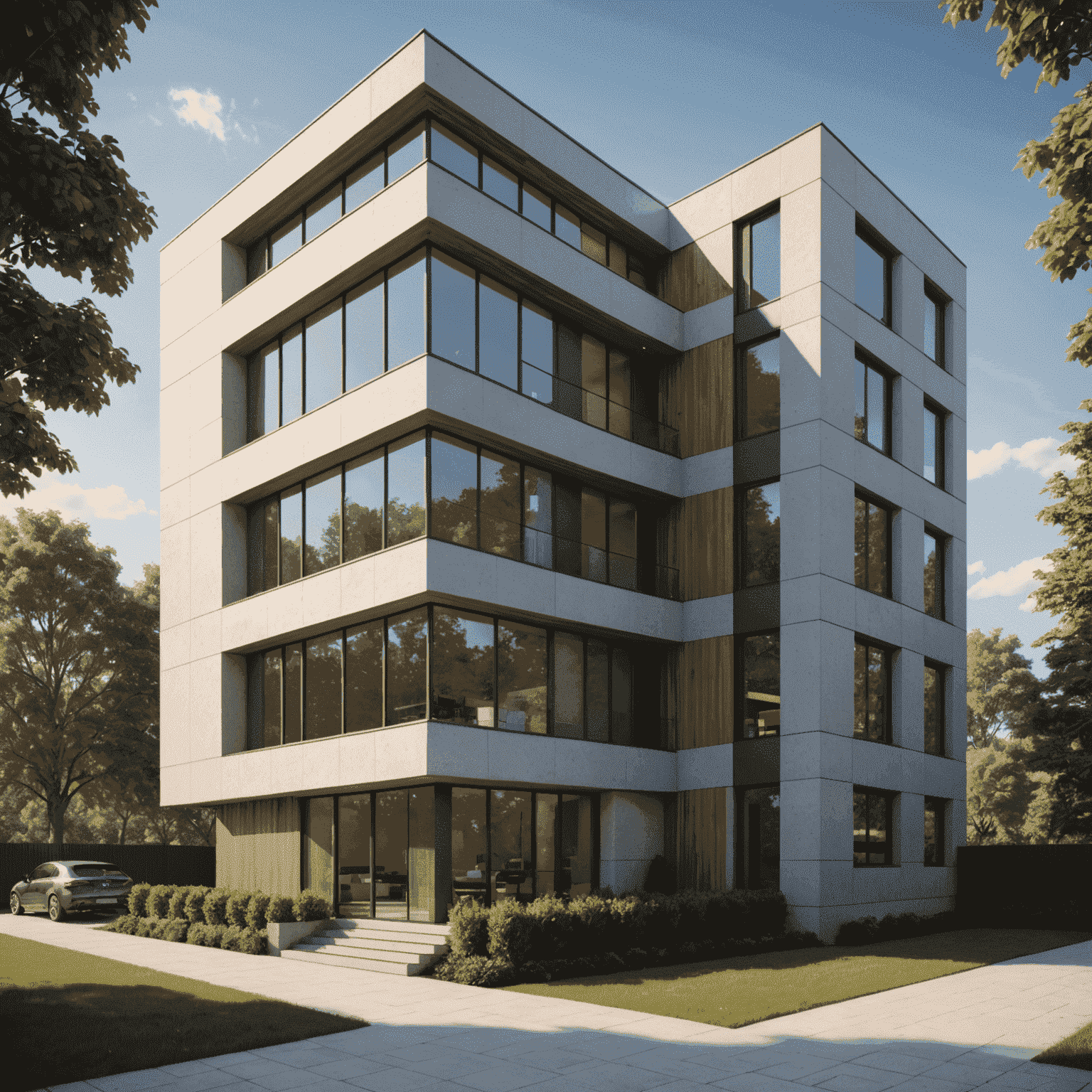 Exterior rendering of a modern residential building with sleek lines and large windows, showcasing the potential of 3D visualization in residential architecture