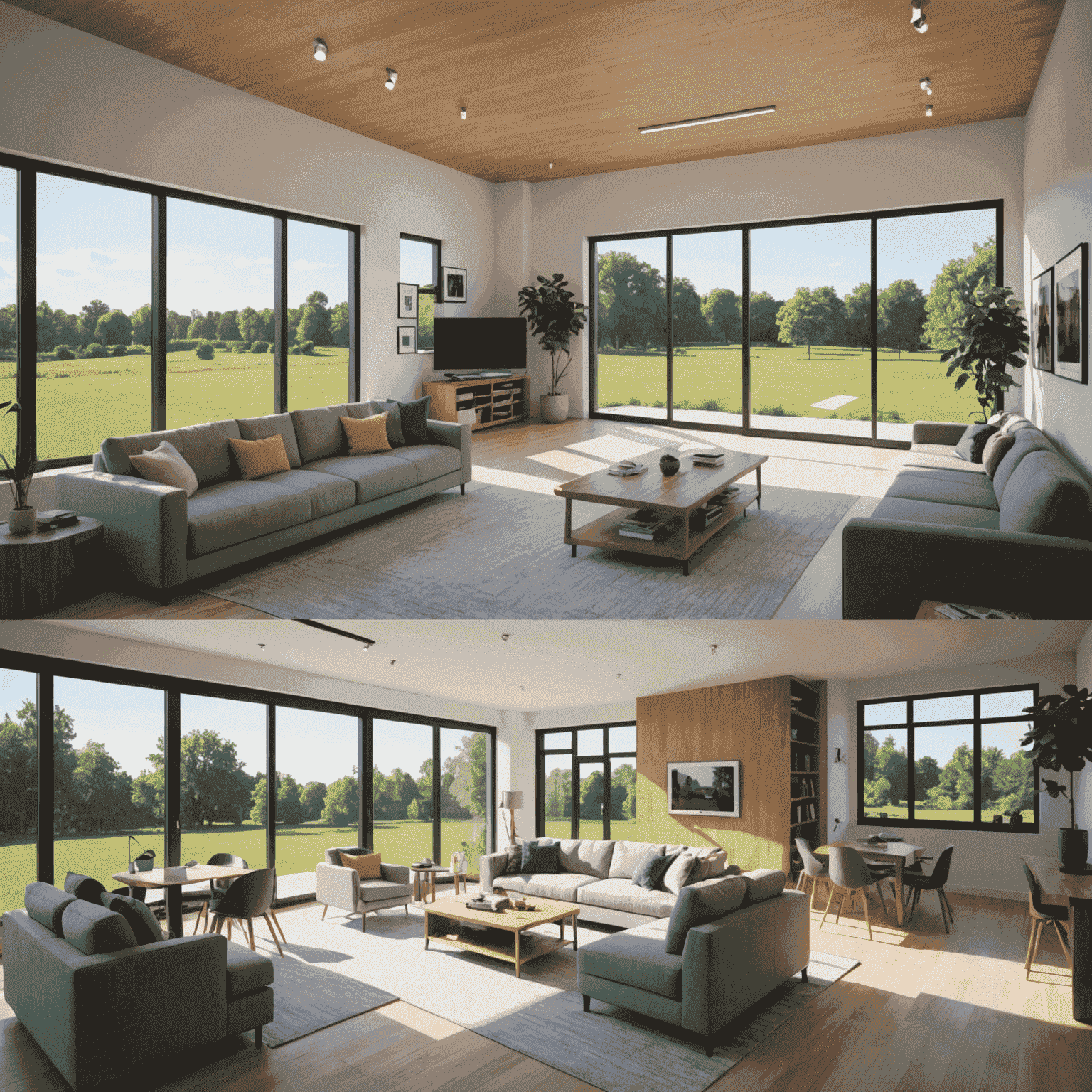 A split-screen image showing a SketchUp 3D model on one side and the corresponding VR view on the other. The model is of a modern interior space with open-plan design and large windows.