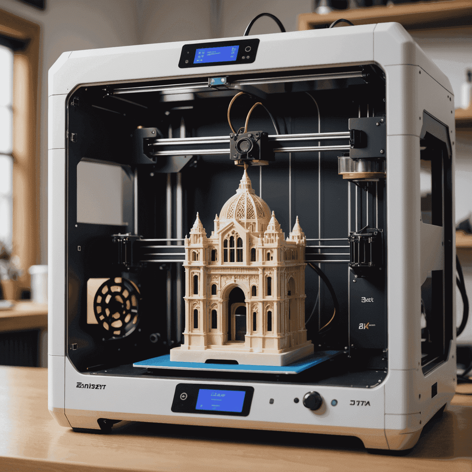 A close-up of a 3D printer in action, creating a detailed architectural model with visible layers and intricate structures