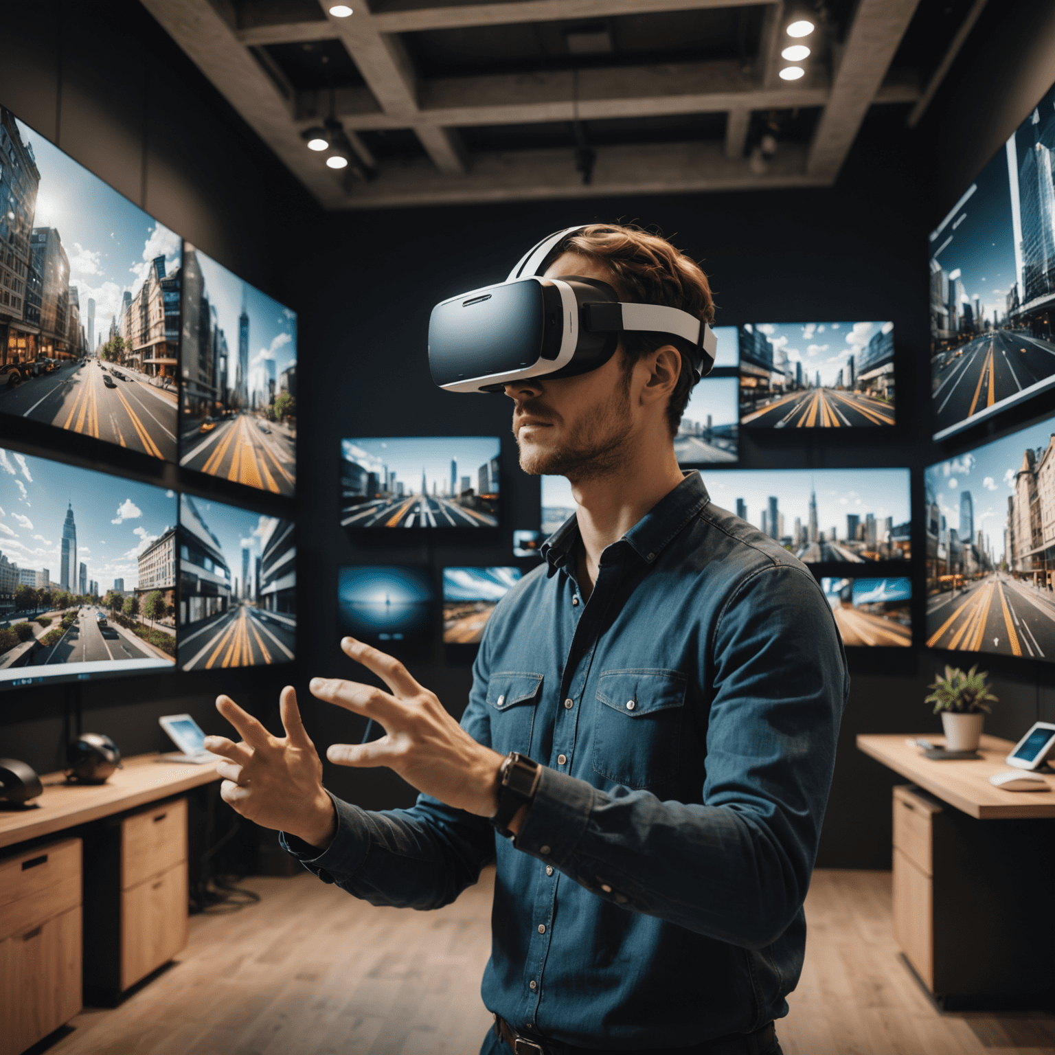 A person wearing a VR headset interacting with a virtual architectural space, surrounded by 3D renderings of buildings and interiors, showcasing the immersive experience of VR in architectural presentations.