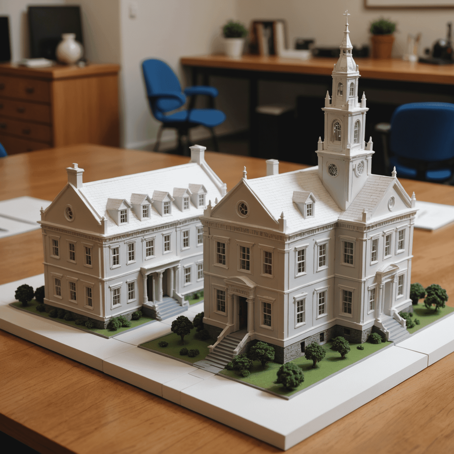 Side-by-side comparison of a traditional hand-built architectural model and a 3D printed one. The 3D printed model shows more detail and precision, while taking up less space and using less material.