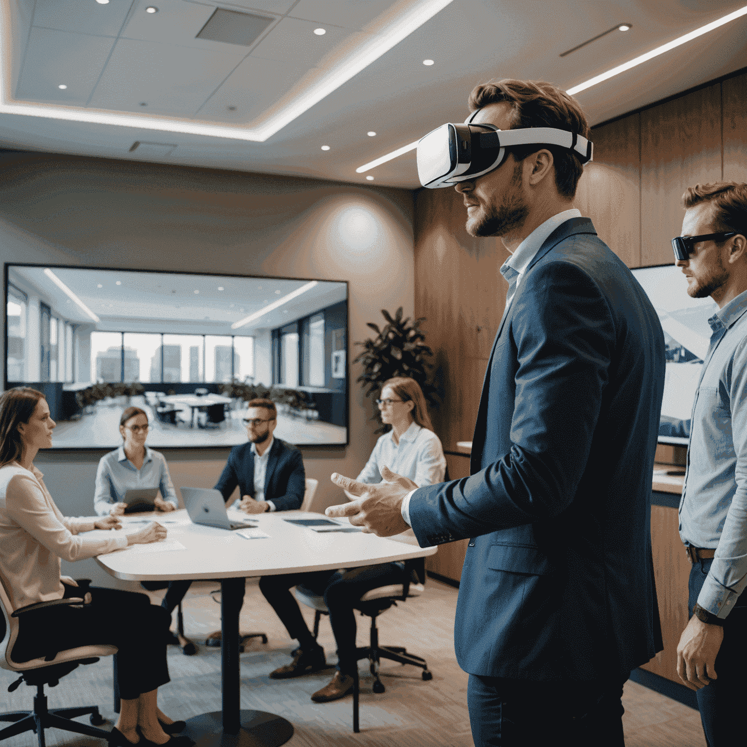 An architect presenting a VR walkthrough of a building design to a group of impressed clients in a modern conference room