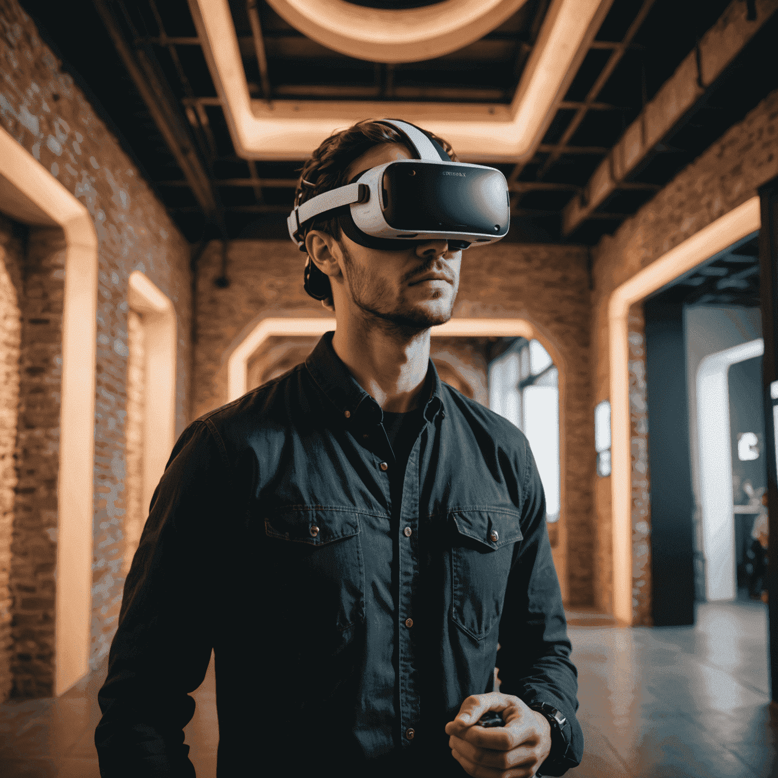 Person wearing VR headset exploring a virtual architectural space, showcasing immersive design experience