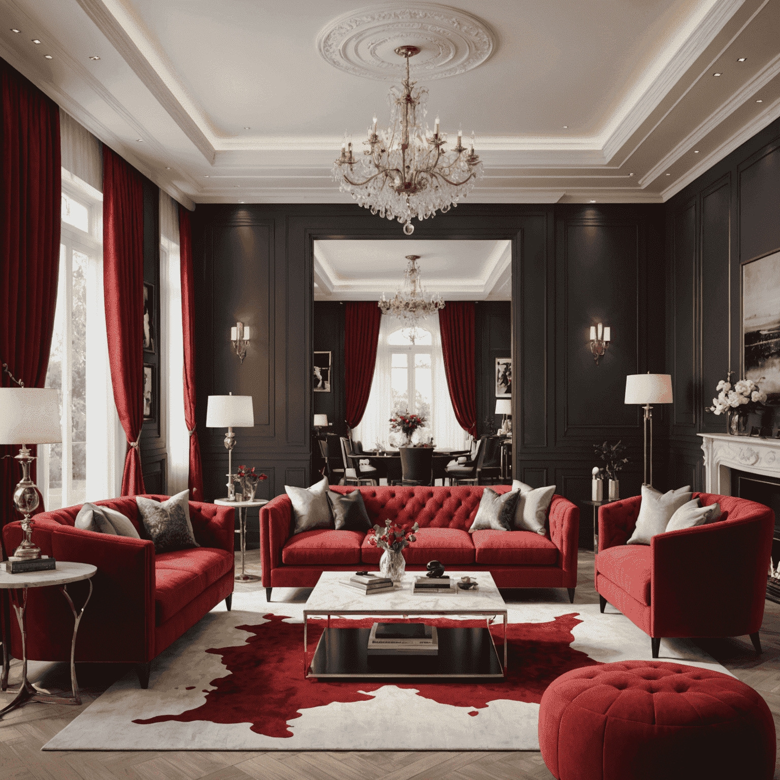 Interior visualization of a luxurious living room with red accent pieces, demonstrating the power of 3D modeling in interior design