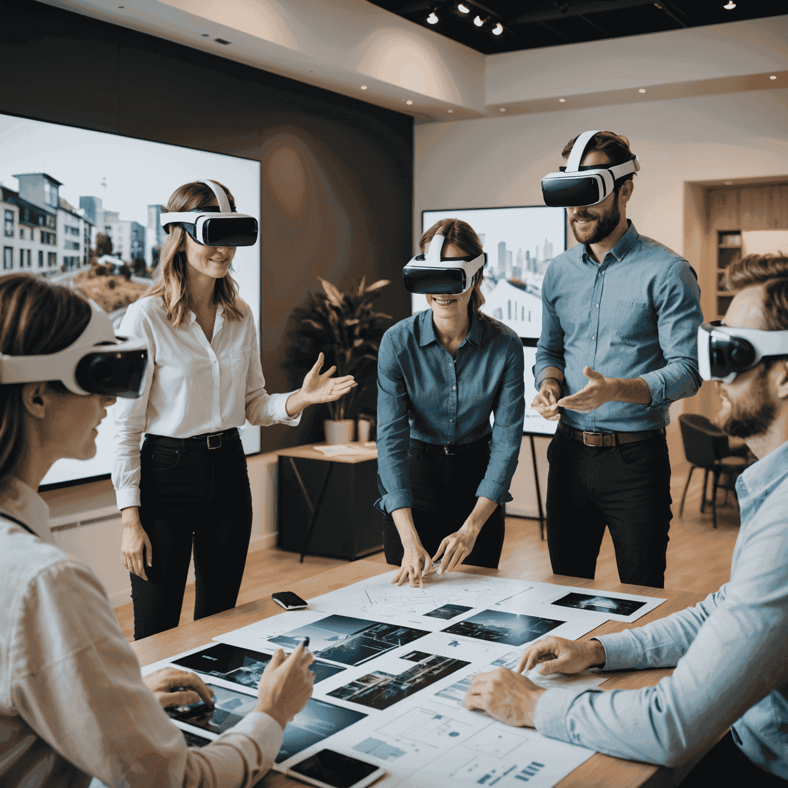 A group of architects and clients wearing VR headsets, gesturing and discussing a virtual architectural model visible on a large screen behind them.