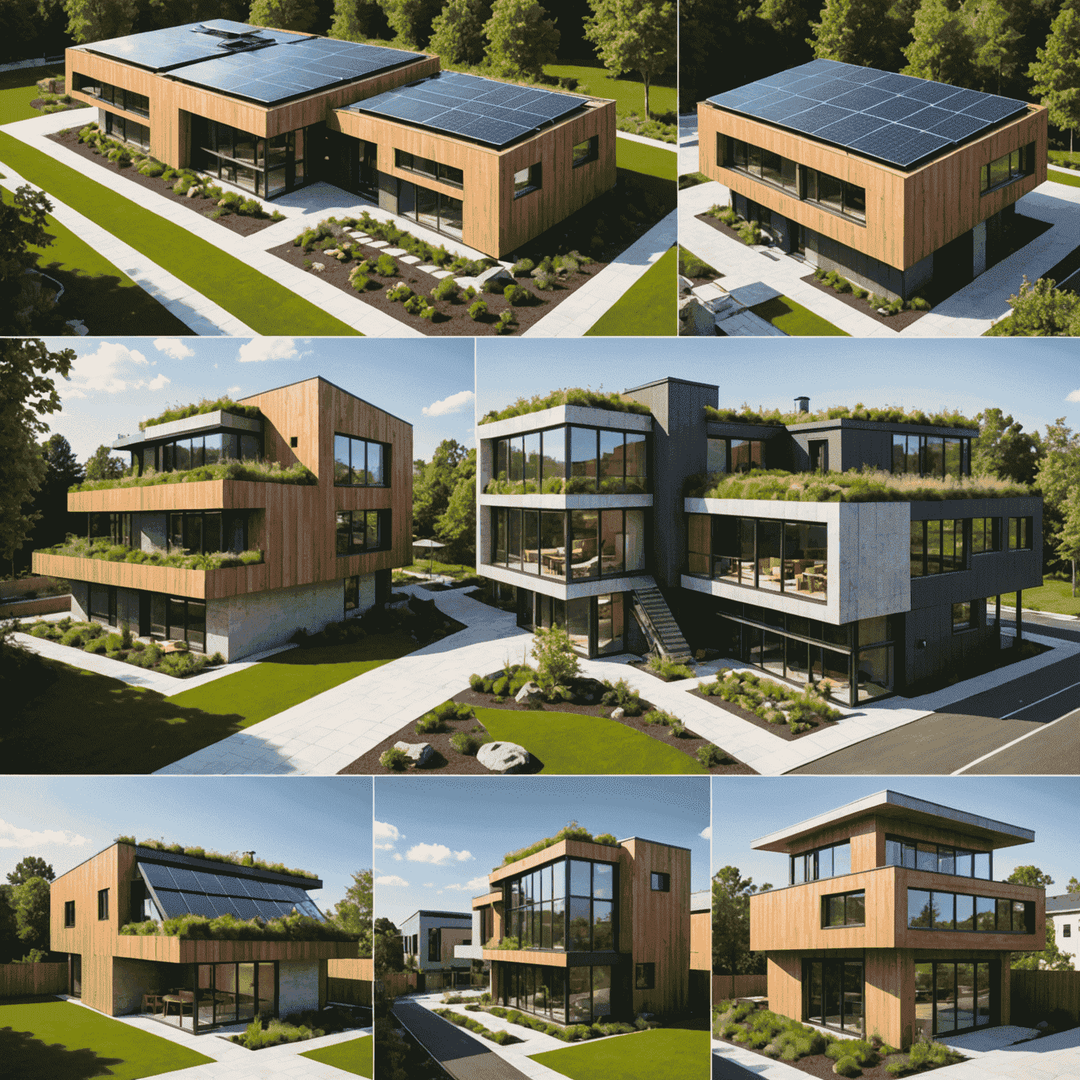 A collage of eco-friendly building materials and 3D architectural designs, featuring green roofs, solar panels, and innovative sustainable structures, highlighting the integration of environmentally conscious practices in modern architecture.