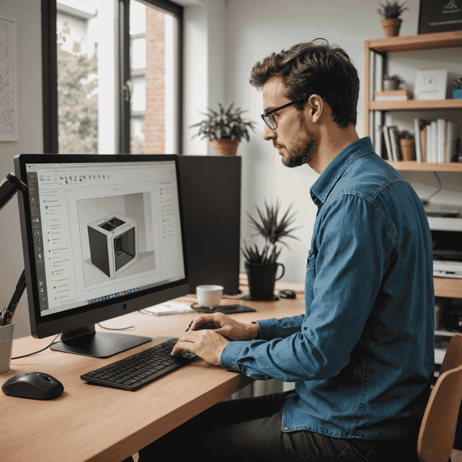 An architect working on a computer with SketchUp software visible on the screen. Next to the computer, a 3D printer is creating a model of the same design shown on the screen.