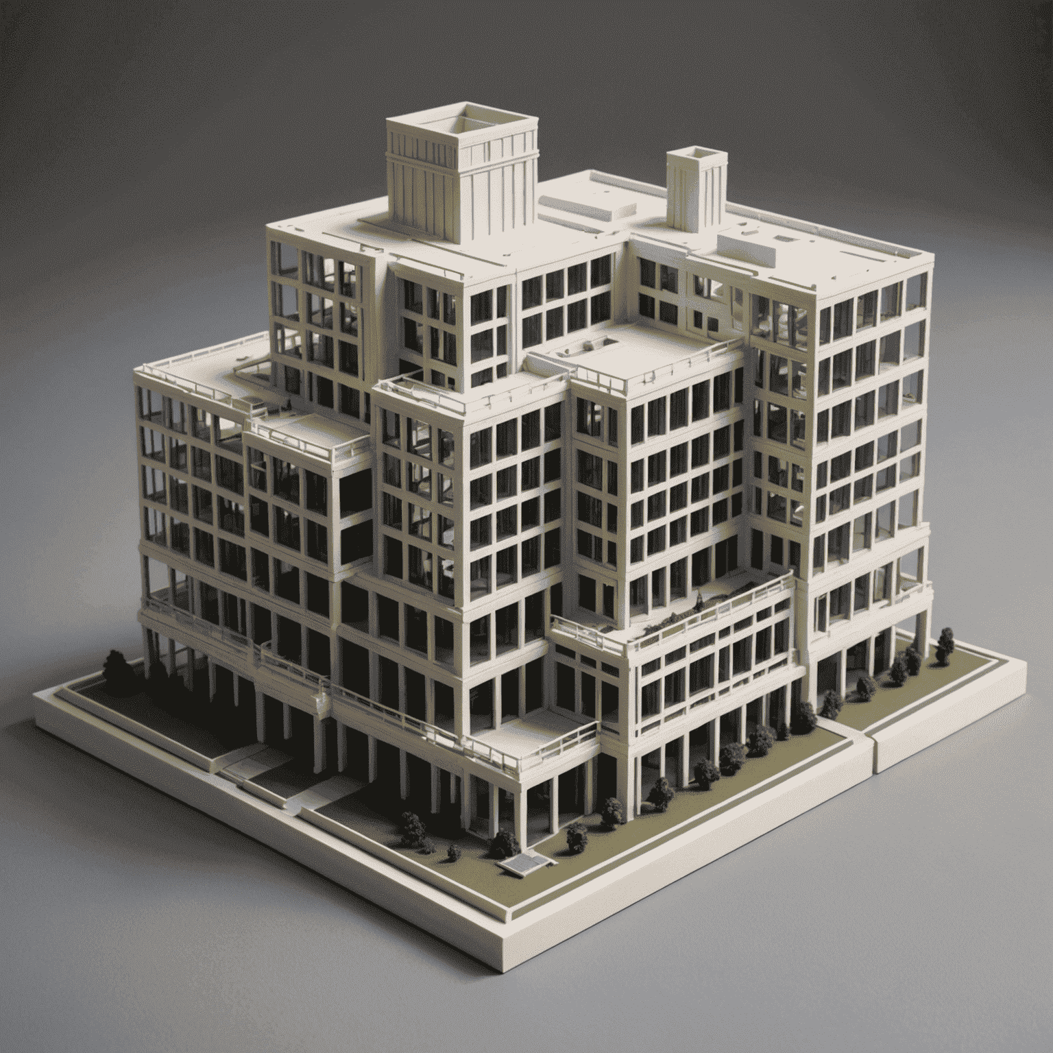 3D printed architectural model of a complex building structure, demonstrating the precision of custom 3D printing services